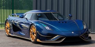 "RHD Koenigsegg Regera Sports Blue Carbon Fiber with Gold Leaf Accents | Giga Gears - 1 of 9"